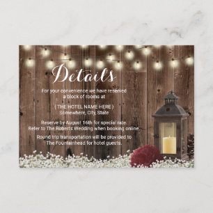 Rustic Lantern & Burgundy Flower Wedding Details Invitation