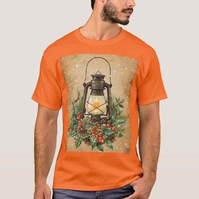 Rustic lantern christmas holly pine cozy festive  T-Shirt (Front)