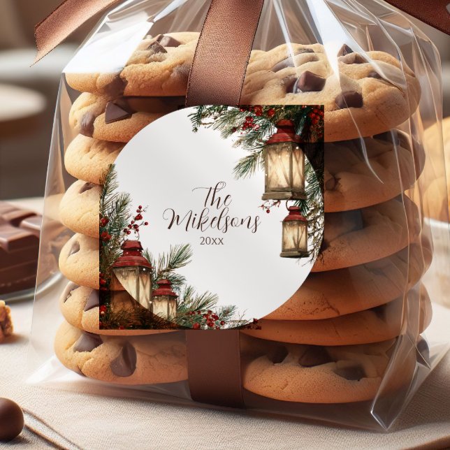 Rustic Lantern Christmas Party Classic Round Sticker (Creator Uploaded)