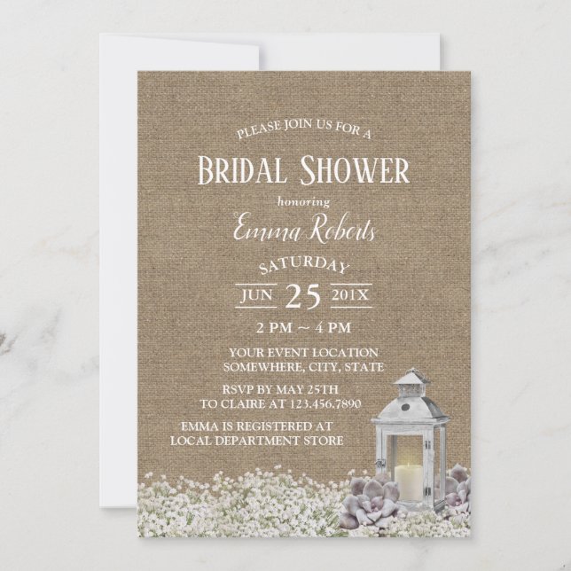 Rustic Lantern Country Floral Burlap Bridal Shower Invitation (Front)