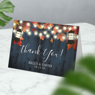 Rustic Lantern Fall Navy Barn Wood Thank You Card