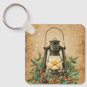 Rustic lantern holly pine festive winter christmas key ring