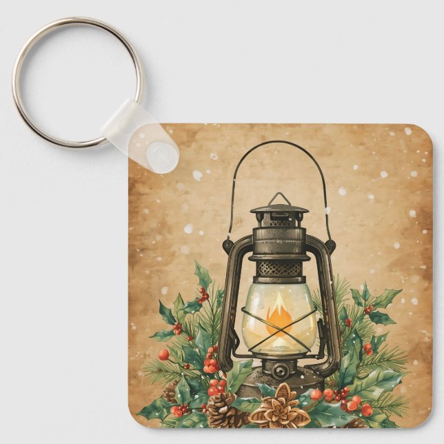Rustic lantern holly pine festive winter christmas key ring (Front)