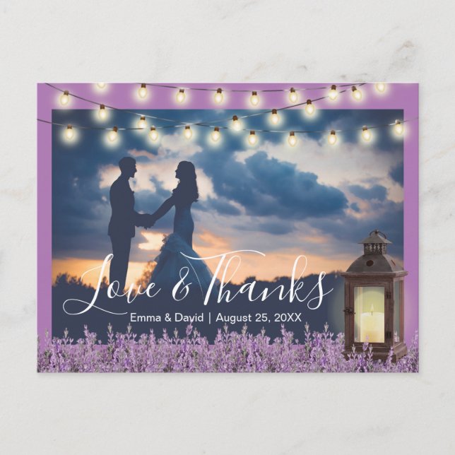 Rustic Lantern Lavender Floral Photo Thank You Postcard (Front)