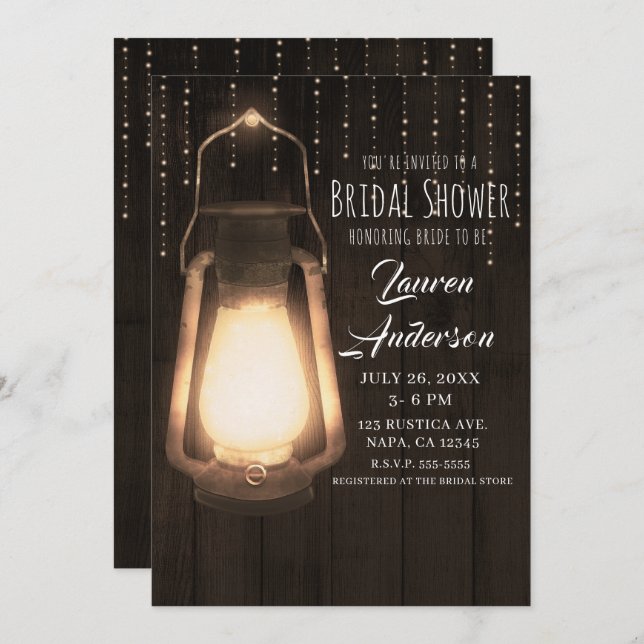 Rustic Lantern & Lights Brown Wood Bridal Shower Invitation (Front/Back)
