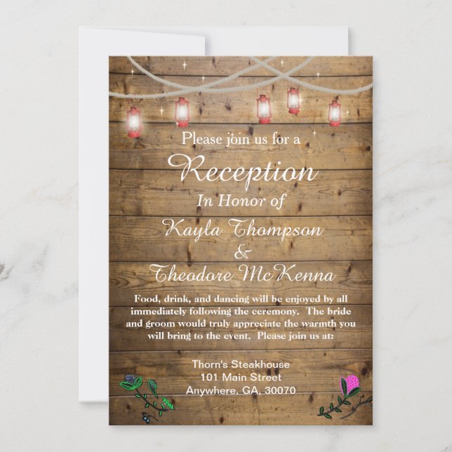 Rustic Lantern Lights Wedding Reception Card (Front)
