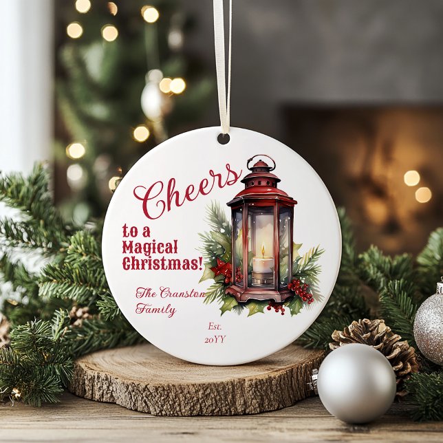 Rustic Lantern Pine and Berries Cheers Christmas Ceramic Tree Decoration ("Cheers to a Magical Christmas!" Lit Rustic Lantern Holly and Berries Family Name and Date Ornament)