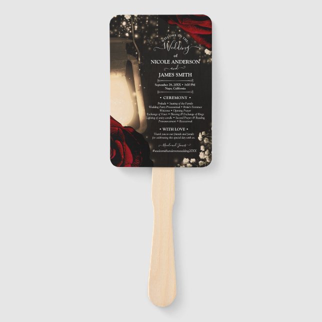 Rustic Lantern & Red Roses Elegant Wedding Program Hand Fan (Front)