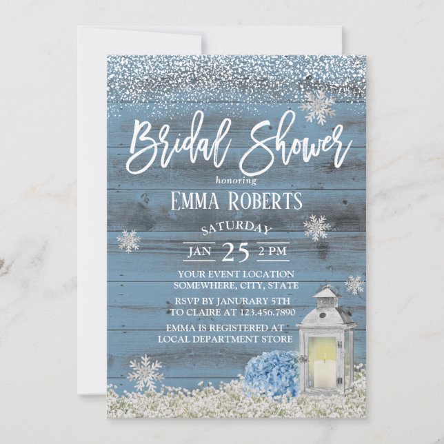 Rustic Lantern Snowflake Dusty Blue Bridal Shower Invitation (Front)