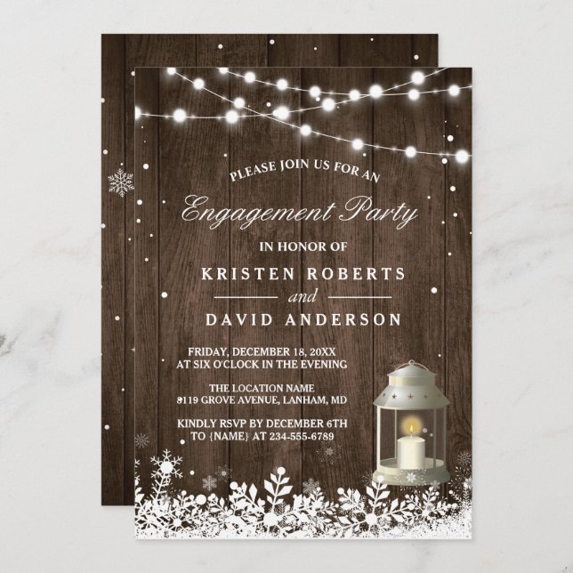 Rustic Lantern Snowflakes Winter Engagement Party Invitation (Front/Back)