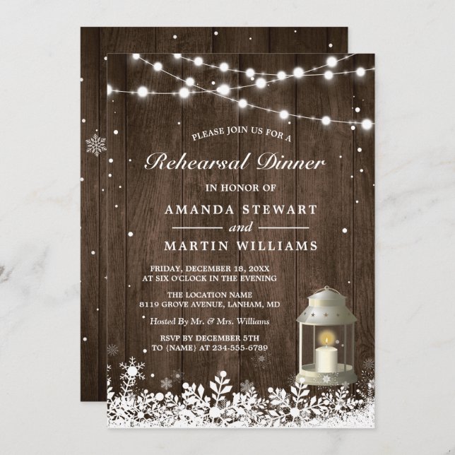 Rustic Lantern Snowflakes Winter Rehearsal Dinner Invitation (Front/Back)