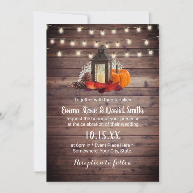 Rustic Lantern & String Lights Autumn Wedding Invitation (Front)