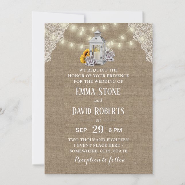 Rustic Lantern & String Lights Burlap Wedding Invitation (Front)