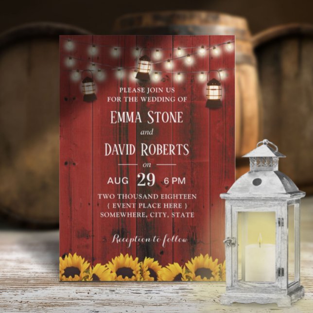 Rustic Lantern Sunflowers Red Barn Country Wedding Invitation (Creator Uploaded)