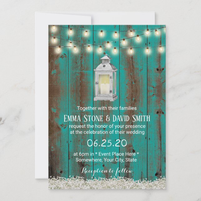 Rustic Lantern Teal Barn Country Floral Wedding Invitation (Front)