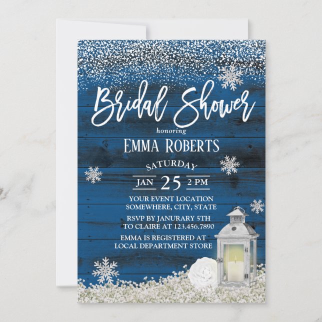 Rustic Lantern Winter Snowflake Navy Bridal Shower Invitation (Front)