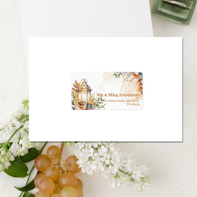 Rustic Lantern Yellow Floral Fall Wedding Address Label (Cute Lantern Yellow Floral Fall Wedding Address Label)