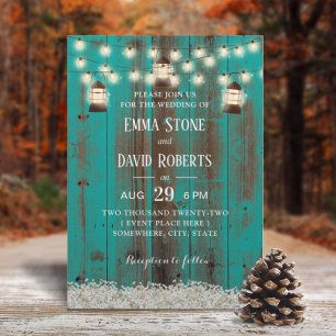 Rustic Lanterns & Baby's Breath Teal Barn Wedding Invitation