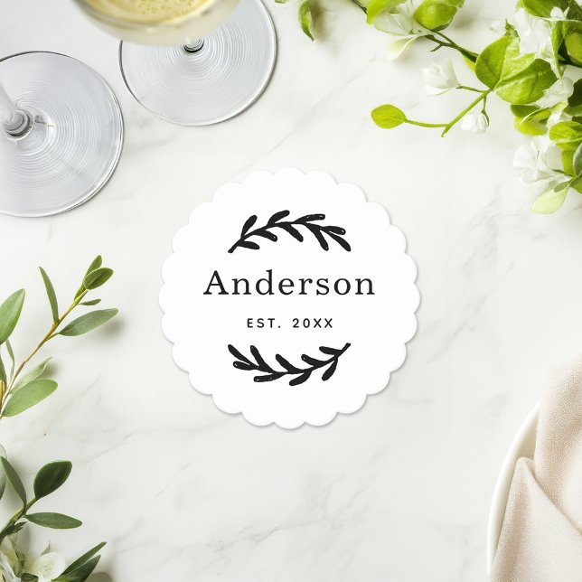 Rustic Laurel Branch Wreath Last Name Monogram Paper Coaster (Creator Uploaded)