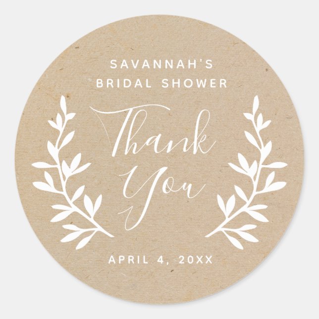 Rustic laurel Kraft bridal shower thank you Classic Round Sticker (Front)
