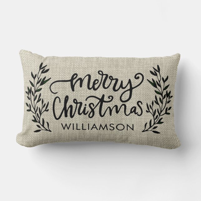Rustic Laurel Wreath Christmas Name Lumbar Cushion (Front)