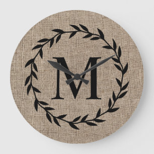 Rustic Laurel Wreath Family Monogram Farmhouse Large Clock