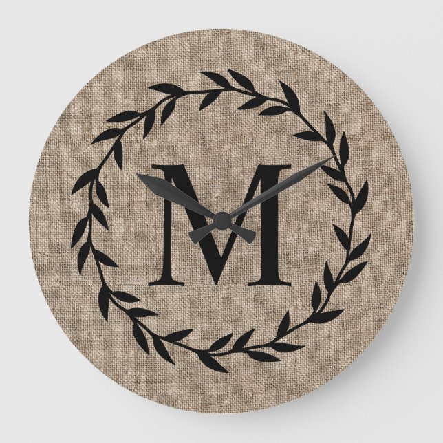 Rustic Laurel Wreath Family Monogram Farmhouse Large Clock (Front)