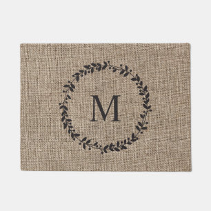 Rustic Laurel Wreath Farmhouse Burlap Monogrammed Doormat