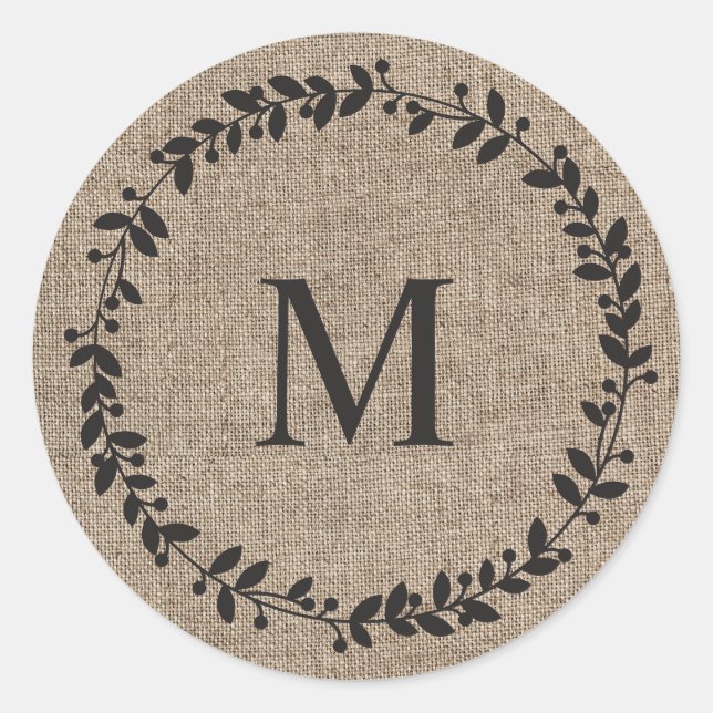 Rustic Laurel Wreath Farmhouse Style Monogrammed  Classic Round Sticker (Front)