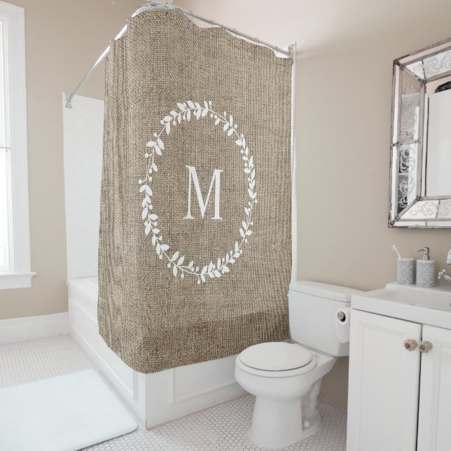 Rustic Laurel Wreath Farmhouse Style Monogrammed  Shower Curtain (In Situ)