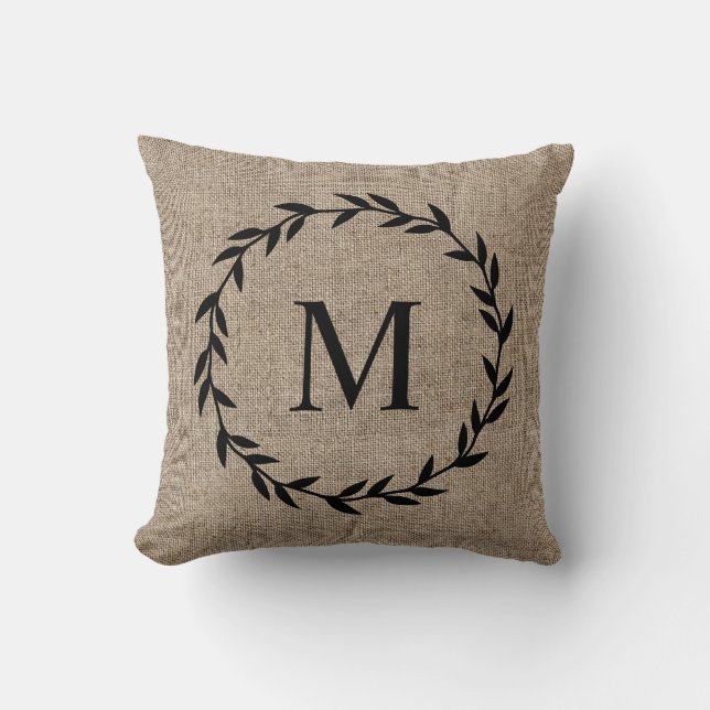 Rustic Laurel Wreath Farmhouse Style Monogrammed T Cushion (Front)