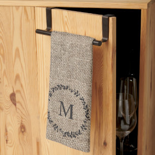 Rustic Laurel Wreath Farmhouse Style Monogrammed  Tea Towel