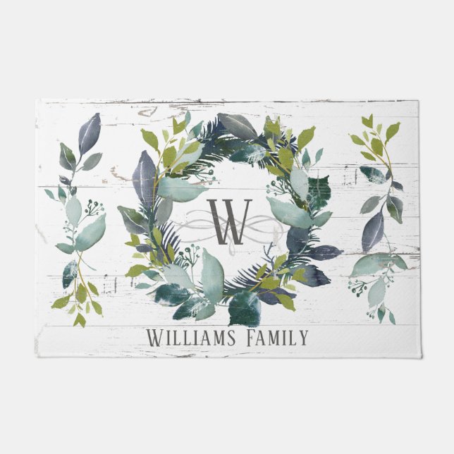 Rustic Laurel Wreath Greenery Watercolor Initial Doormat (Front)