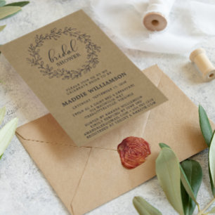 Rustic Laurel Wreath Kraft Bridal Shower Invite Postcard