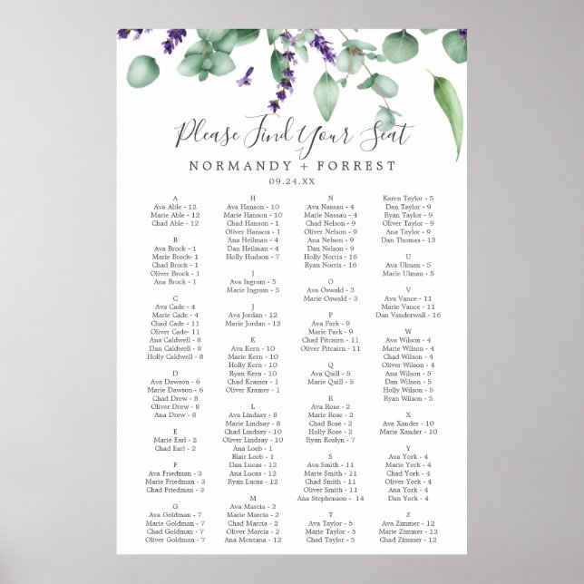 Rustic Lavender Alphabetical Seating Chart (Front)