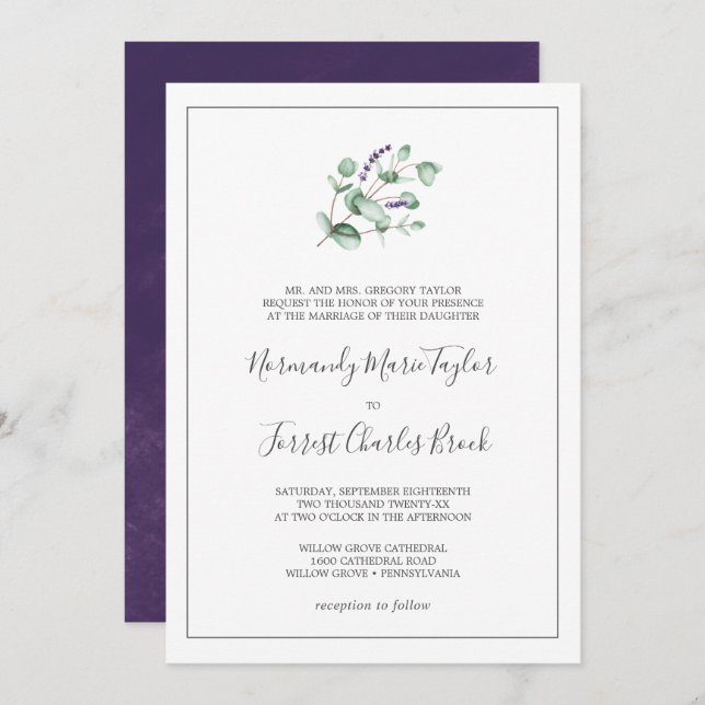 Rustic Lavender and Eucalyptus Formal Wedding Invitation (Front/Back)