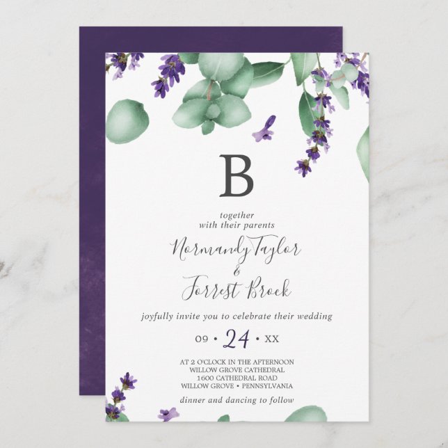 Rustic Lavender and Eucalyptus Monogram Wedding Invitation (Front/Back)