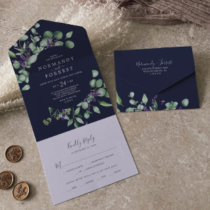 Rustic Lavender and Eucalyptus Navy Blue Wedding All In One Invitation