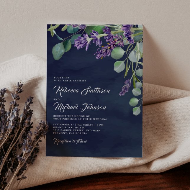 Rustic Lavender and Eucalyptus Navy Blue Wedding Invitation (Creator Uploaded)