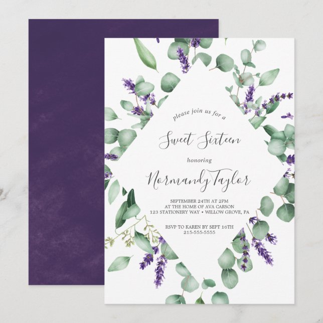 Rustic Lavender and Eucalyptus Sweet Sixteen Invitation (Front/Back)