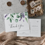Rustic Lavender and Eucalyptus Thank You Postcard<br><div class="desc">This rustic lavender and eucalyptus thank you postcard is perfect for a simple and elegant outdoor wedding. The floral design features watercolor eucalyptus leaves and greenery with sprigs of purple wildflowers. Personalise the back of the postcard with your names, your return address, and a thank you message. Alternatively, leave the...</div>