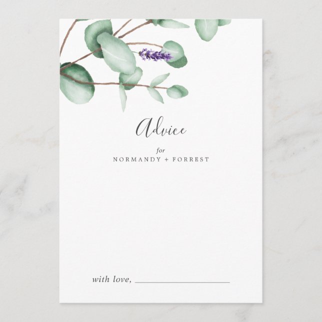 Rustic Lavender and Eucalyptus Wedding Advice Card (Front)