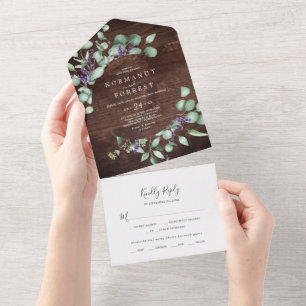 Rustic Lavender and Eucalyptus   Wood Wedding All In One Invitation
