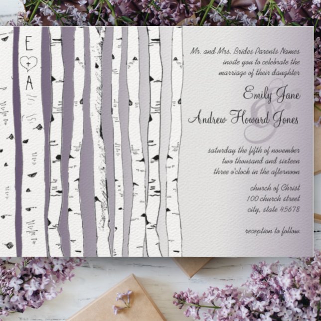 Rustic Lavender Birch Tree Wedding Invitations (Creator Uploaded)