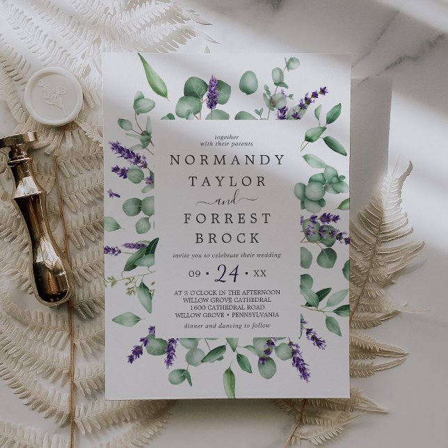 Rustic Lavender & Eucalyptus Floral Frame Wedding Invitation (Creator Uploaded)