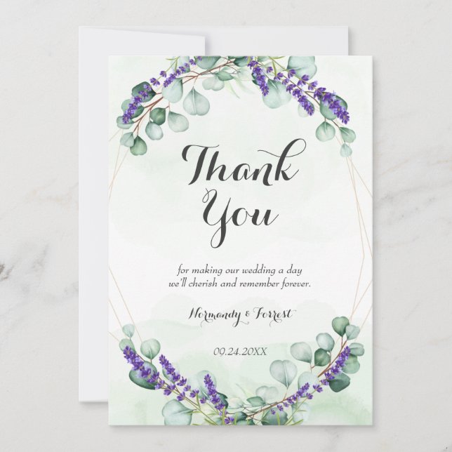 Rustic Lavender Eucalyptus Gold Frame Wedding Thank You Card (Front)