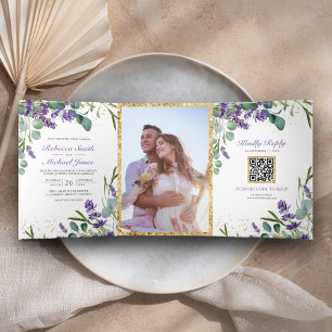 Rustic Lavender Eucalyptus Photo QR Code Wedding Tri-Fold Invitation