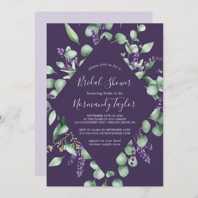 Rustic Lavender & Eucalyptus Purple Bridal Shower Invitation (Front/Back)