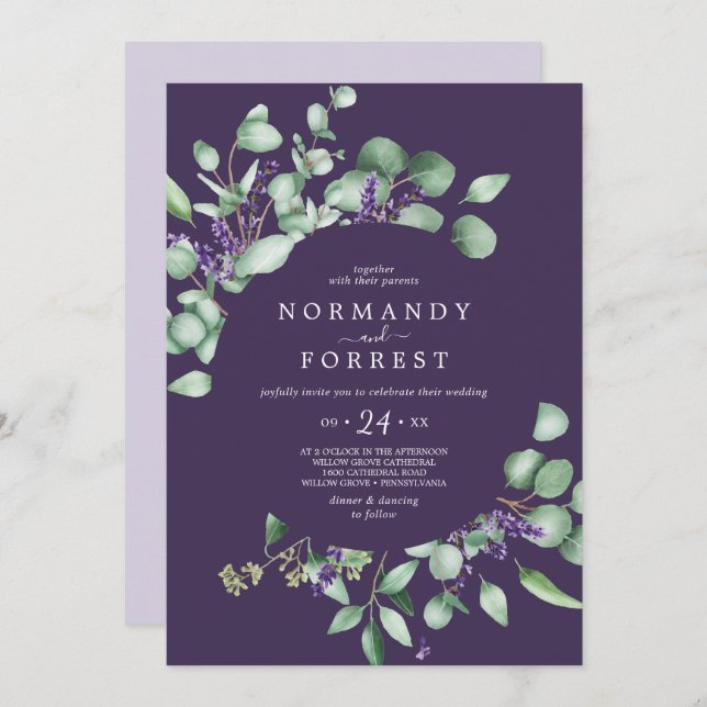 Rustic Lavender & Eucalyptus Purple Casual Wedding Invitation (Front/Back)