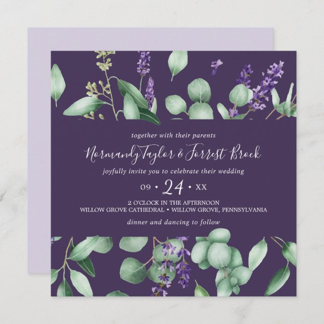 Rustic Lavender & Eucalyptus Purple Square Wedding Invitation (Front/Back)